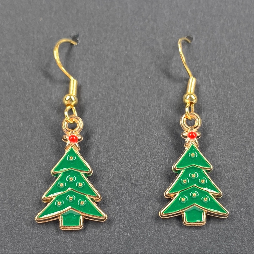 5/$25 Christmas Tree Earrings Dangle Drop Green Red Gold Tone Holiday Jewelry